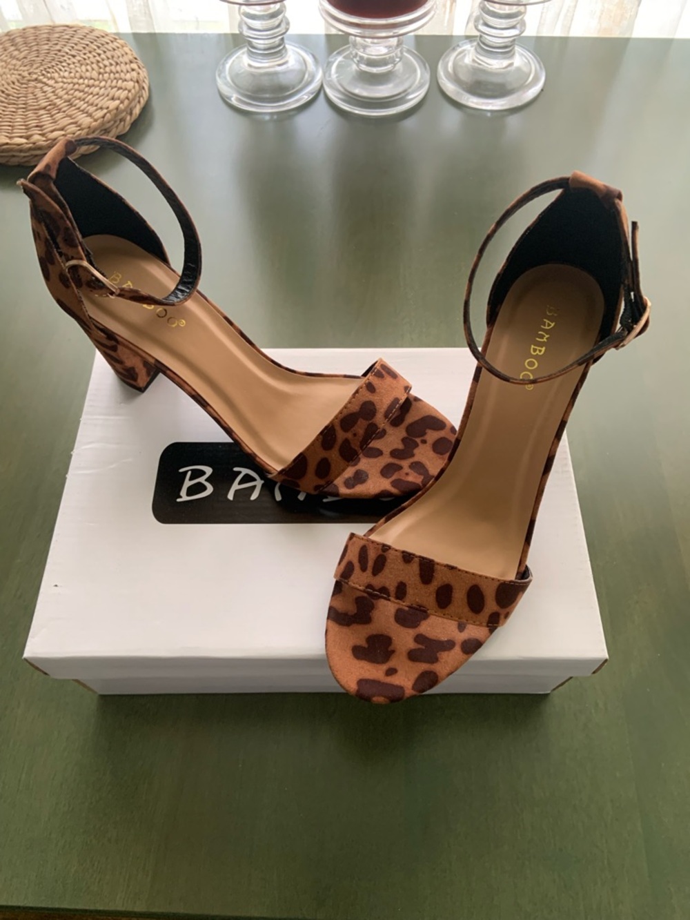 BAMBOO Leopard Print Ankle Strap Block Heels in Brown